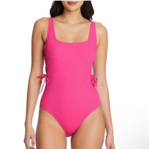 Social Standard by Sanctuary NWT Pink Ribbed Side Lace Up One Piece Swimsuit - Picture 1 of 10